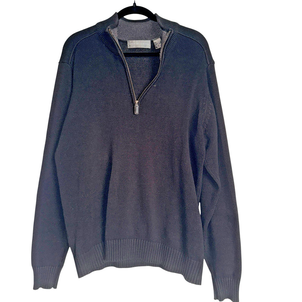 Oscar de la Renta Mens Black Cotton Quarter Zip Sweater Mock Neck Pullover L